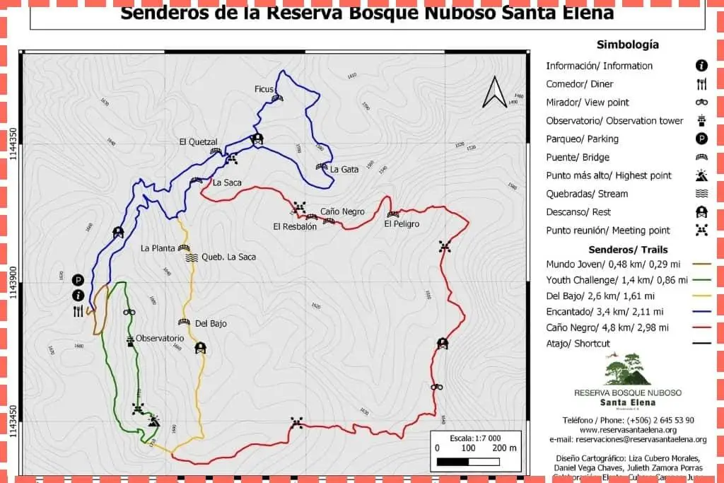 Mapa detallado de los senderos en la Reserva del Bosque Nuboso de Santa Elena en Costa Rica. 