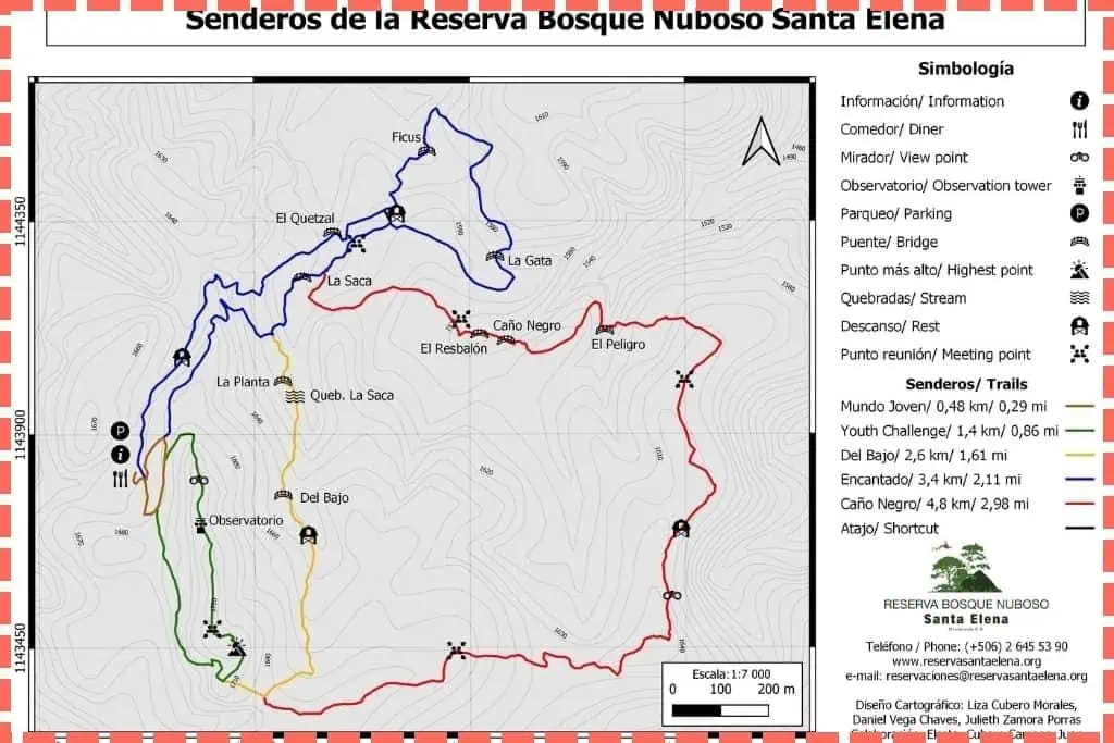 Mapa detallado de los senderos en la Reserva del Bosque Nuboso de Santa Elena en Costa Rica. 