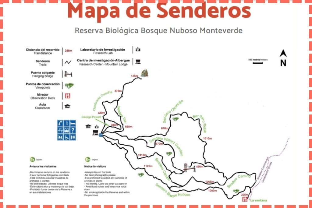 Mapa detallado de los senderos y rutas de la Reserva Biológica Bosque Nuboso Monteverde, ubicada en Costa Rica. Muestra las rutas de senderismo y caminatas disponibles en medio de un exuberante bosque nuboso.