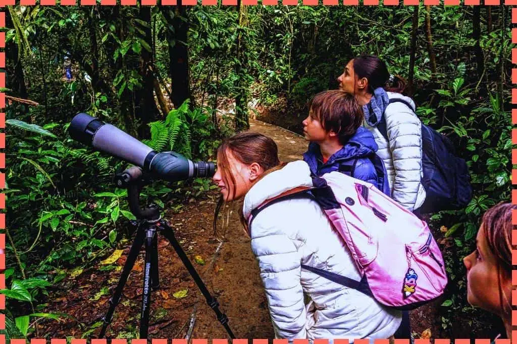 Tere watson y 3 hijos observando con un binocular proporcionado por el guía profesional, enfocando la flora y fauna en los senderos del Parque Manuel Antonio en Costa Rica, con el bosque de fondo y el camino de tierra visible.