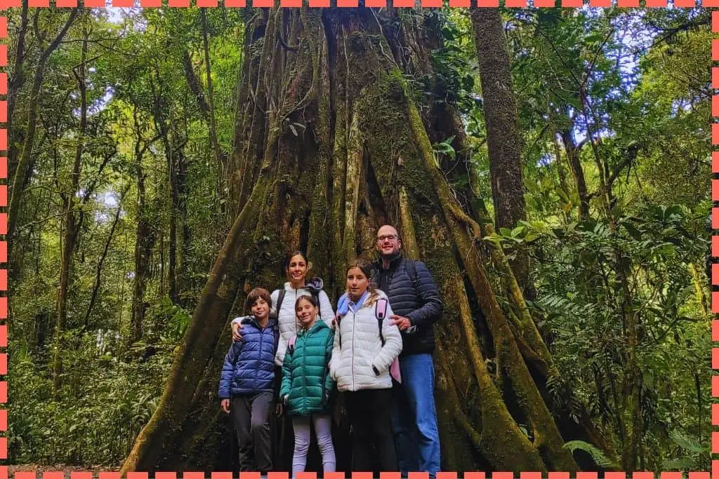 Familia Watson en Costa Rica, junto a las enormes raíces de un gigantesco árbol en el bosque nuboso de Costa Rica.