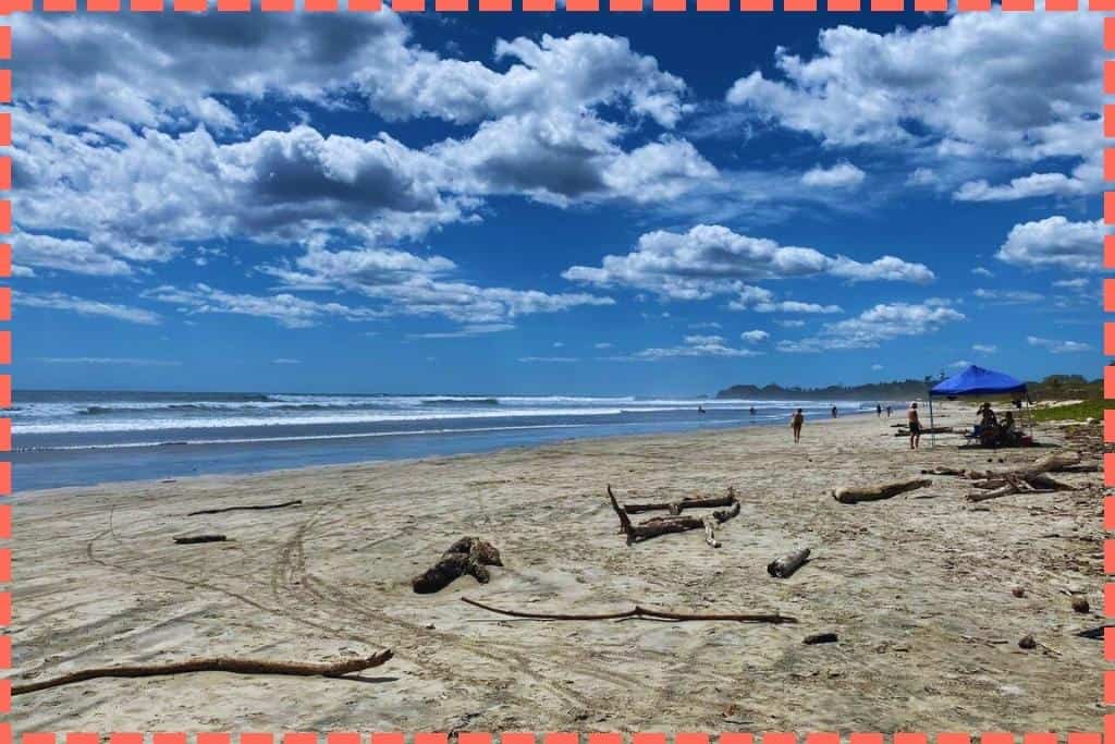 Vista tranquila de Playa Nosara con troncos en la arena y pocos visitantes a lo lejos, en Costa Rica.