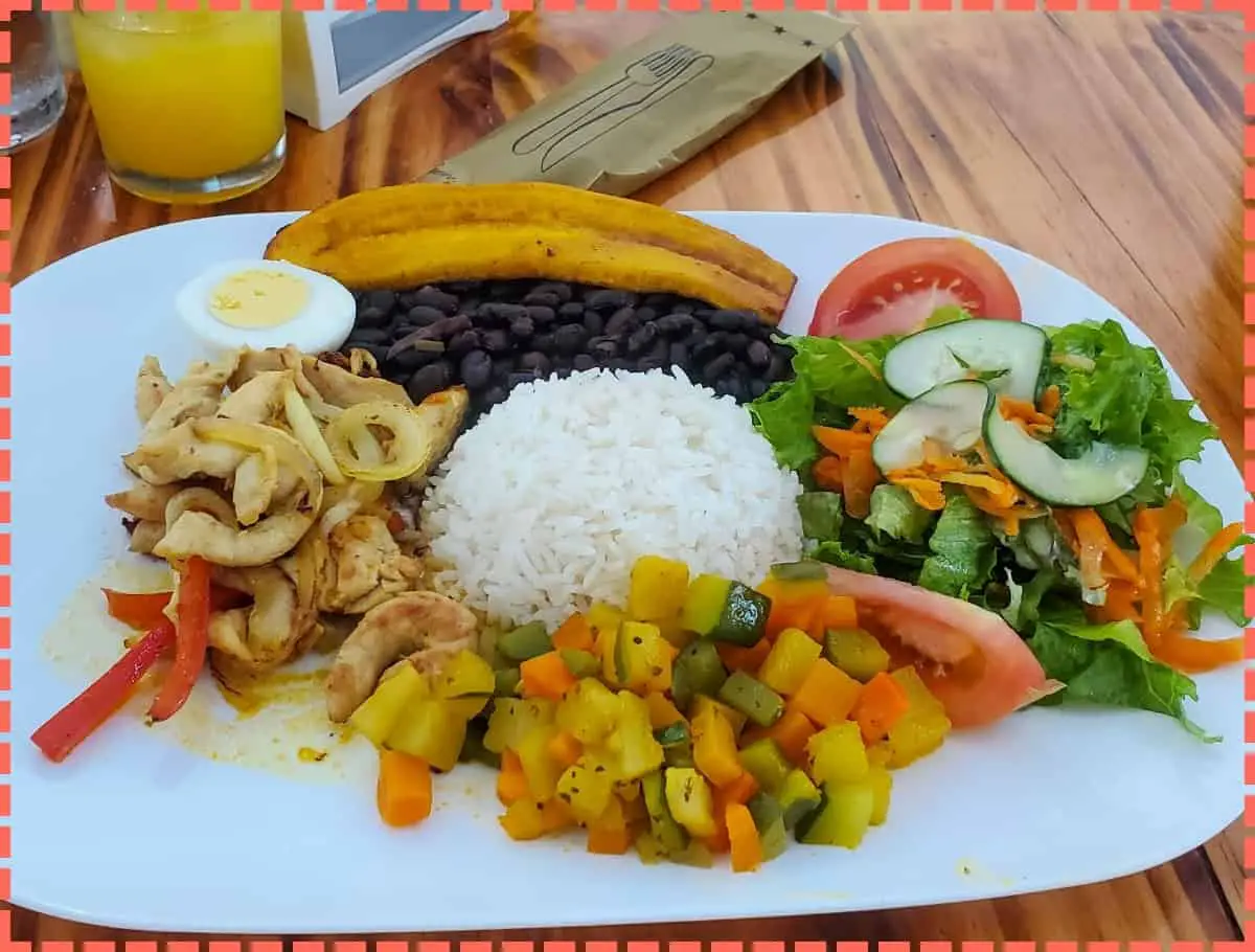 Foto de comida tipica de Costa Rica. Arro, frijoles, Platano Frito, verduritas y huevo.