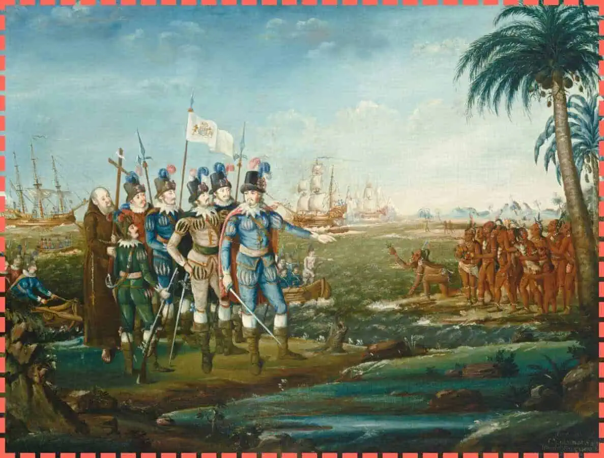 Historia de Costa Rica: Un Viaje por el Tiempo en Familia 62 Cuadro antiguo que representa la historia de Costa Rica, con colonizadores junto a los indígenas.