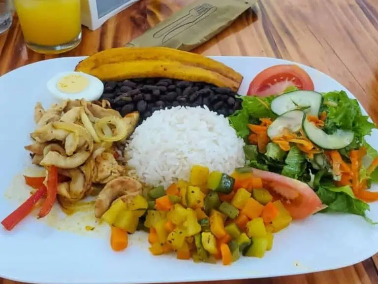 Foto de comida tipica de Costa Rica. Arro, frijoles, Platano Frito, verduritas y huevo.