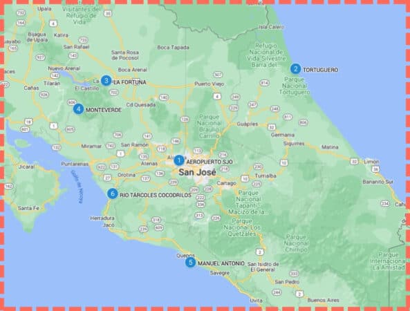 Itinerario de 10 días. imagen mapa. Para viaje a Costa Rica